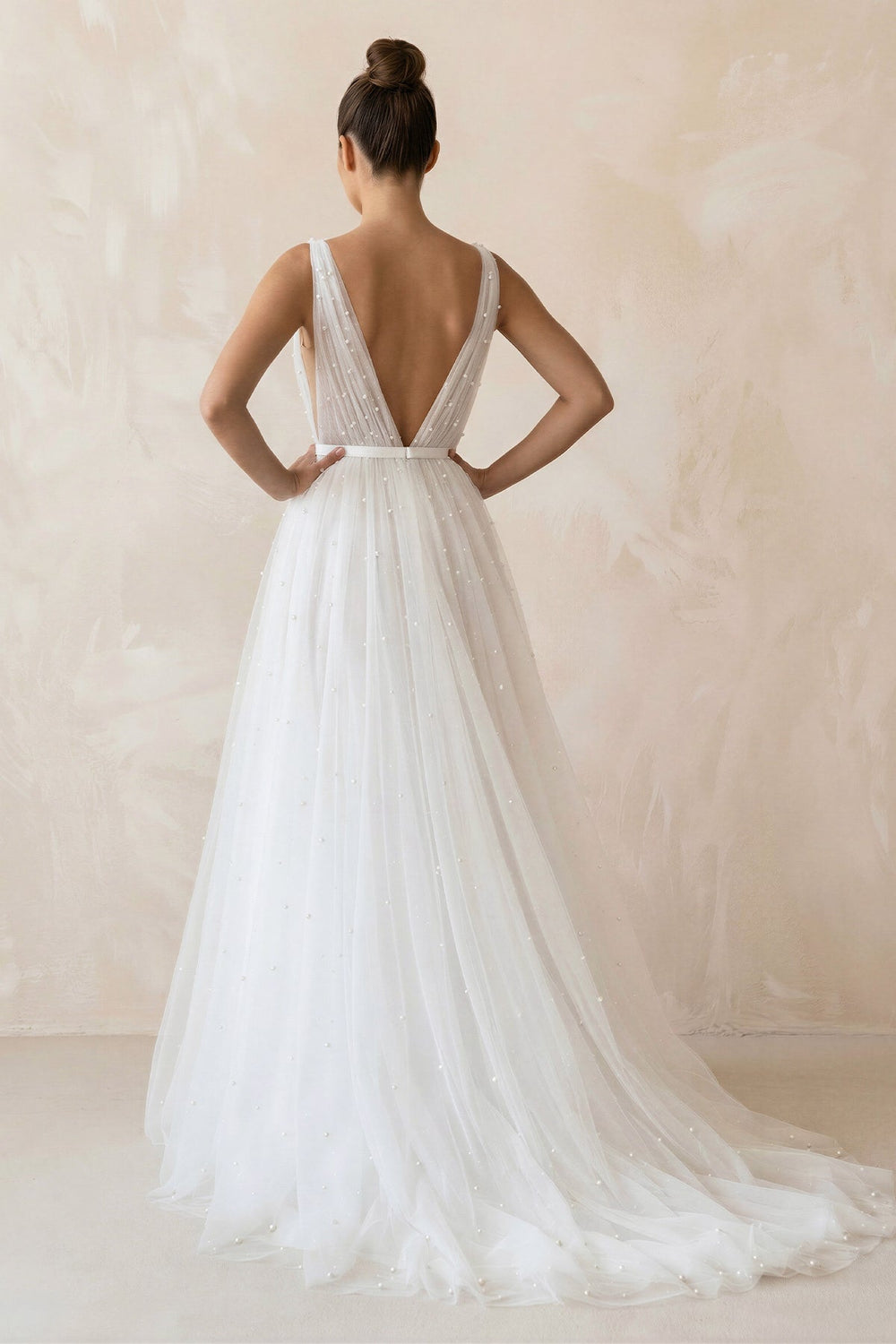 A Line V - Neck Tulle Sleeveless Wedding Dress in White - SHE IS ME Wedding Dresses