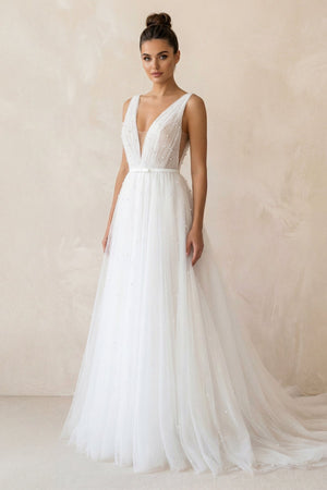 A Line V - Neck Tulle Sleeveless Wedding Dress in White - SHE IS ME Wedding Dresses