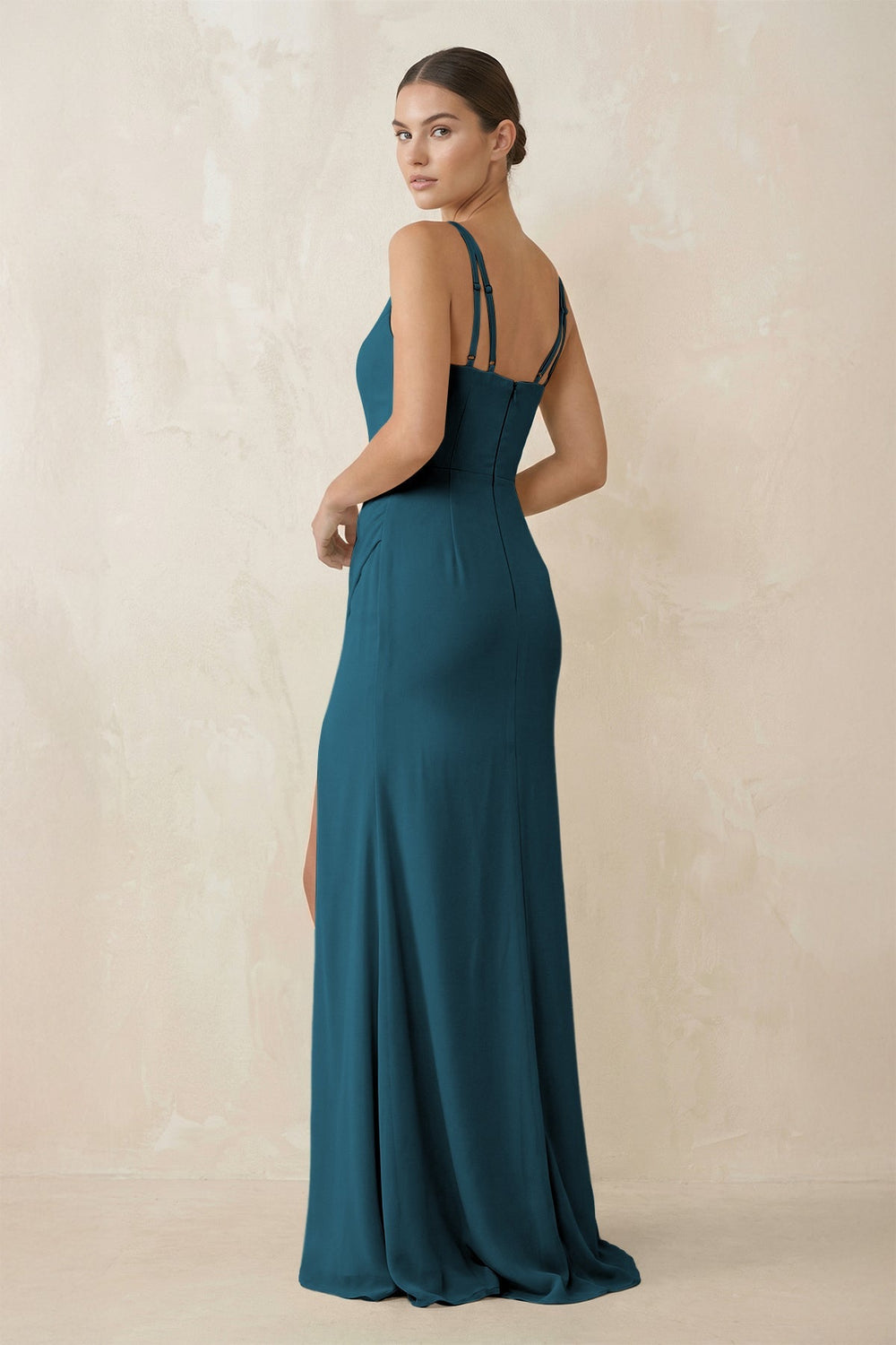 Cami Strap Chiffon Sheath Bridesmaid Gown in Dark Teal - SHE IS ME Bridesmaid Dresses