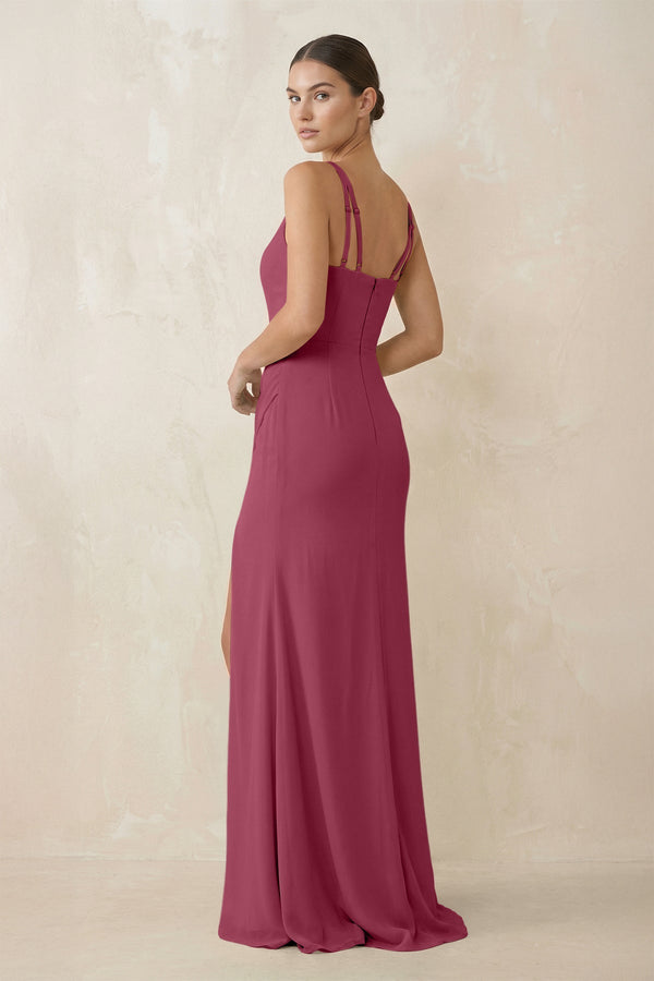 Cami Strap Chiffon Sheath Bridesmaid Gown in Desert Rose - SHE IS ME Bridesmaid Dresses
