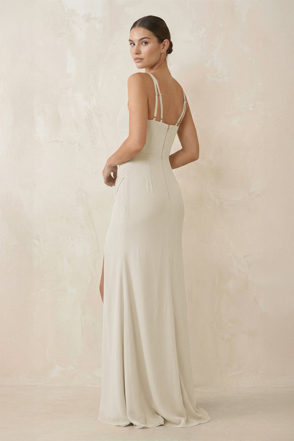 Cami Strap Chiffon Sheath Bridesmaid Gown in Dove Gray - SHE IS ME Bridesmaid Dresses