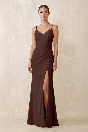 Cami Strap Chiffon Sheath Bridesmaid Gown in Espresso - SHE IS ME Bridesmaid Dresses