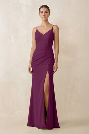 Cami Strap Chiffon Sheath Bridesmaid Gown in Fig - SHE IS ME Bridesmaid Dresses