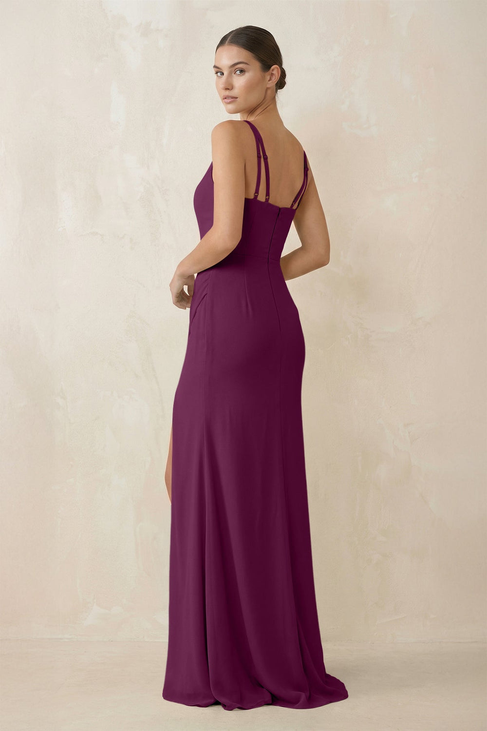 Cami Strap Chiffon Sheath Bridesmaid Gown in Fig - SHE IS ME Bridesmaid Dresses