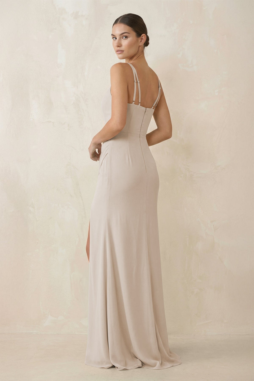 Cami Strap Chiffon Sheath Bridesmaid Gown in Frost - SHE IS ME Bridesmaid Dresses