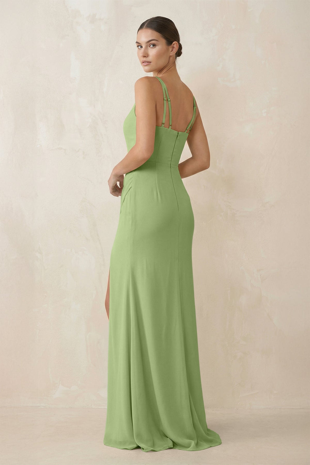 Cami Strap Chiffon Sheath Bridesmaid Gown in Matcha - SHE IS ME Bridesmaid Dresses