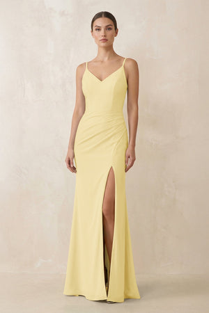 Cami Strap Chiffon Sheath Bridesmaid Gown in Pastel Yellow - SHE IS ME Bridesmaid Dresses