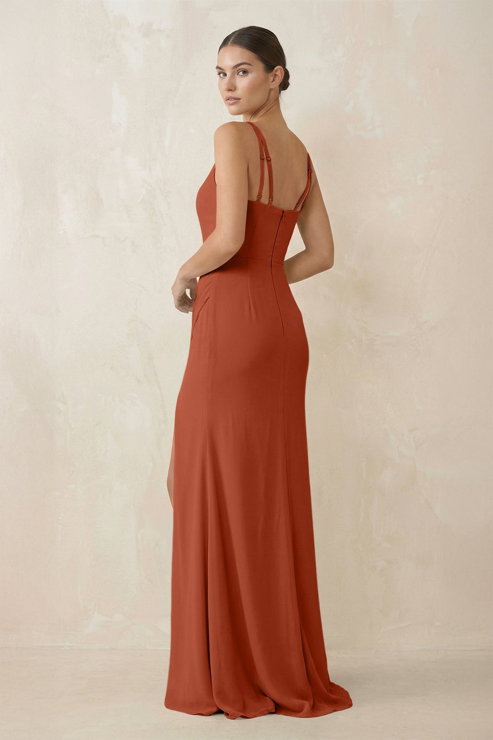 Cami Strap Chiffon Sheath Bridesmaid Gown in Spice - SHE IS ME Bridesmaid Dresses