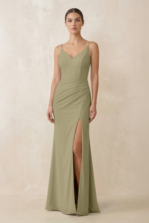 Cami Strap Chiffon Sheath Bridesmaid Gown in Thyme - SHE IS ME Bridesmaid Dresses