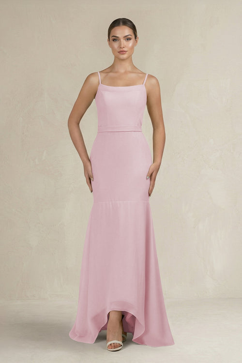Cami Strap Mermaid Ruffled Chiffon Bridesmaid Dress in Candy Pink - SHE IS ME Bridesmaid Dresses