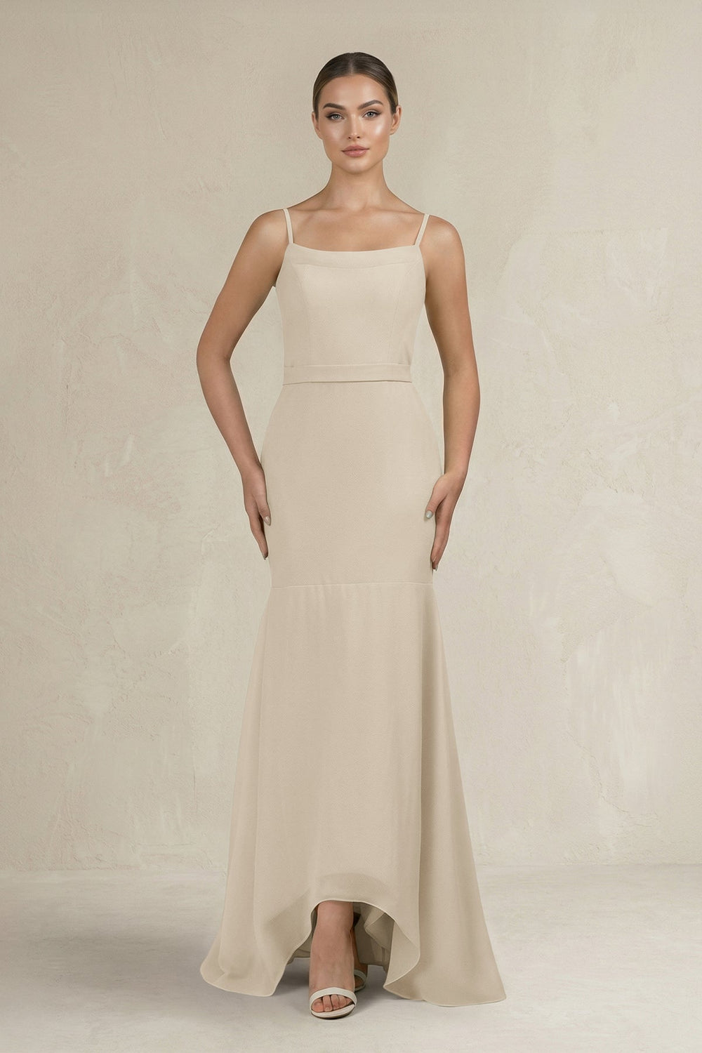 Cami Strap Mermaid Ruffled Chiffon Bridesmaid Dress in Champagne - SHE IS ME Bridesmaid Dresses