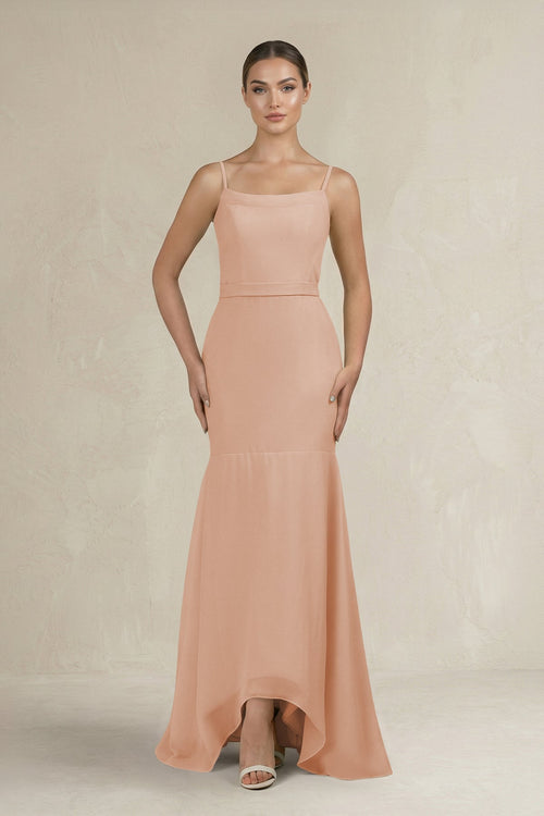Cami Strap Mermaid Ruffled Chiffon Bridesmaid Dress in Champagne Rose - SHE IS ME Bridesmaid Dresses