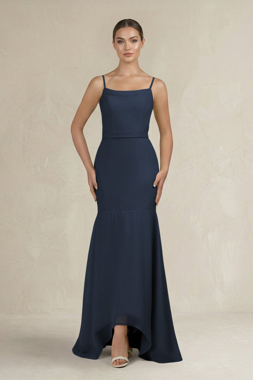 Cami Strap Mermaid Ruffled Chiffon Bridesmaid Dress in Dark Navy - SHE IS ME Bridesmaid Dresses