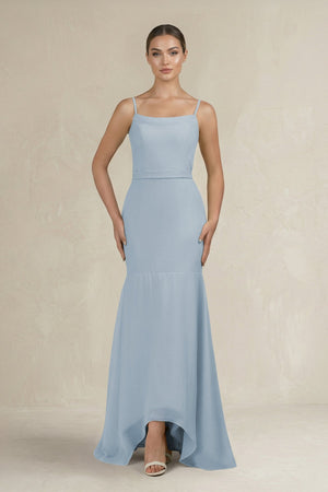Cami Strap Mermaid Ruffled Chiffon Bridesmaid Dress in Dusty Blue - SHE IS ME Bridesmaid Dresses