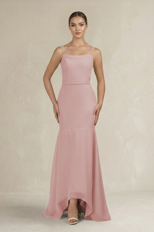 Cami Strap Mermaid Ruffled Chiffon Bridesmaid Dress in Dusty Rose - SHE IS ME Bridesmaid Dresses