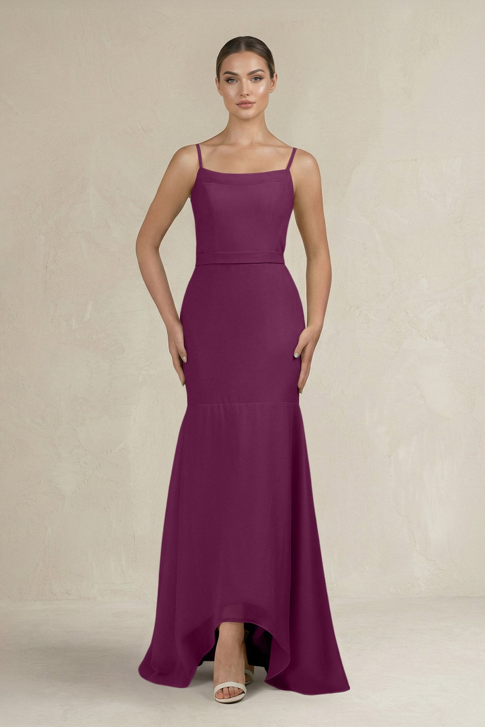 Cami Strap Mermaid Ruffled Chiffon Bridesmaid Dress in Fig - SHE IS ME Bridesmaid Dresses