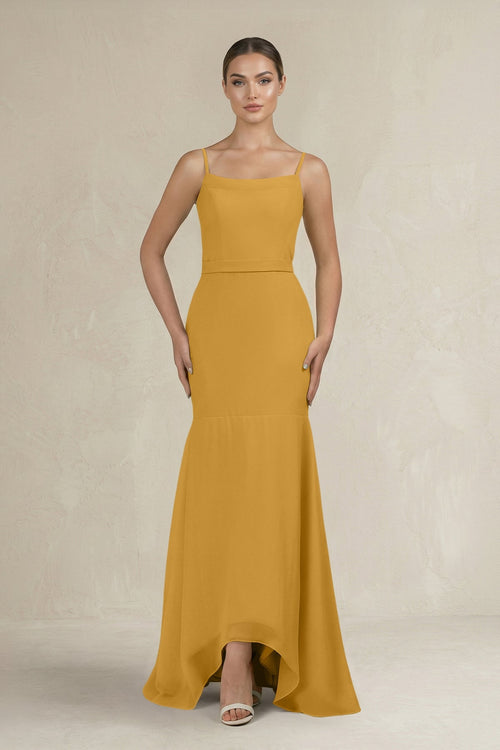 Cami Strap Mermaid Ruffled Chiffon Bridesmaid Dress in Marigold - SHE IS ME Bridesmaid Dresses