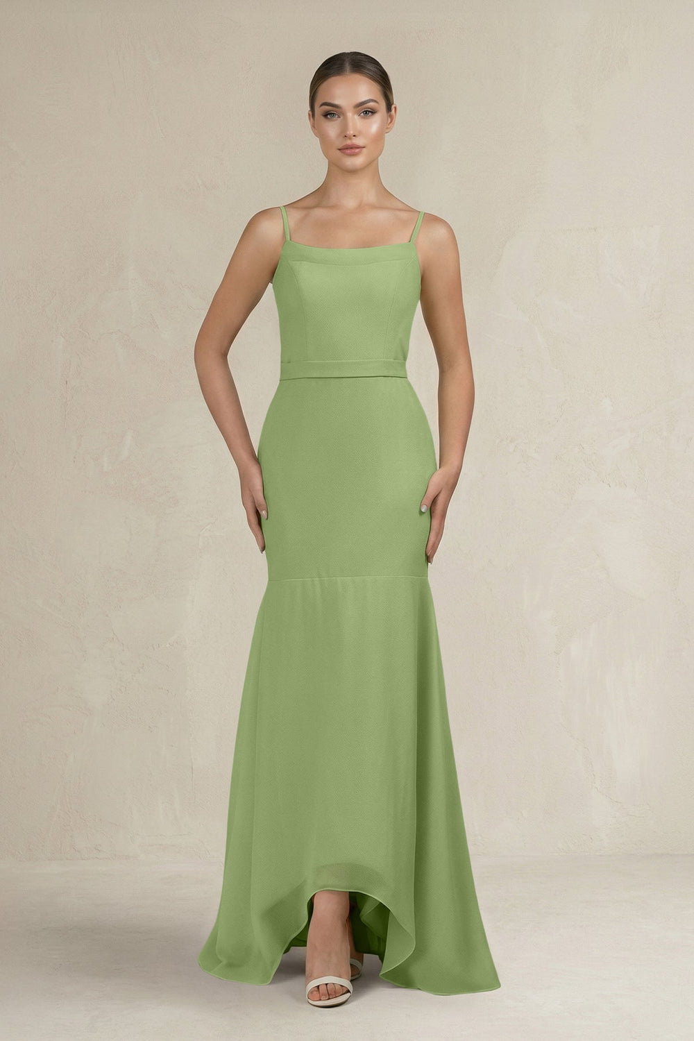 Cami Strap Mermaid Ruffled Chiffon Bridesmaid Dress in Matcha - SHE IS ME Bridesmaid Dresses
