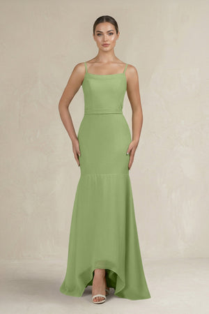 Cami Strap Mermaid Ruffled Chiffon Bridesmaid Dress in Matcha - SHE IS ME Bridesmaid Dresses
