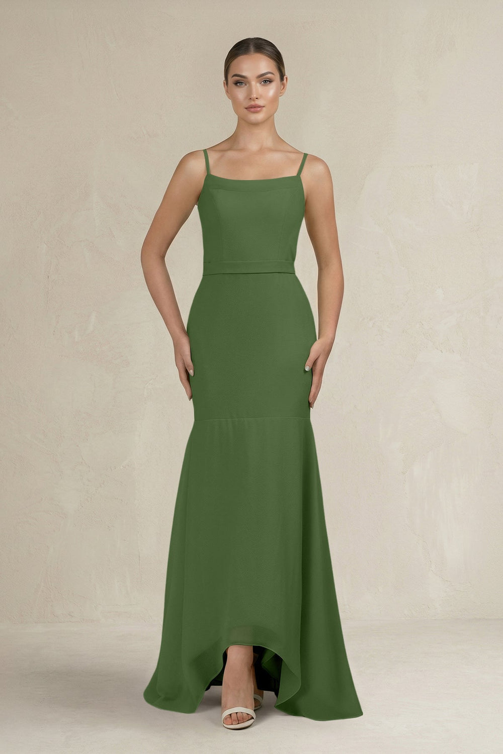 Cami Strap Mermaid Ruffled Chiffon Bridesmaid Dress in Moss - SHE IS ME Bridesmaid Dresses