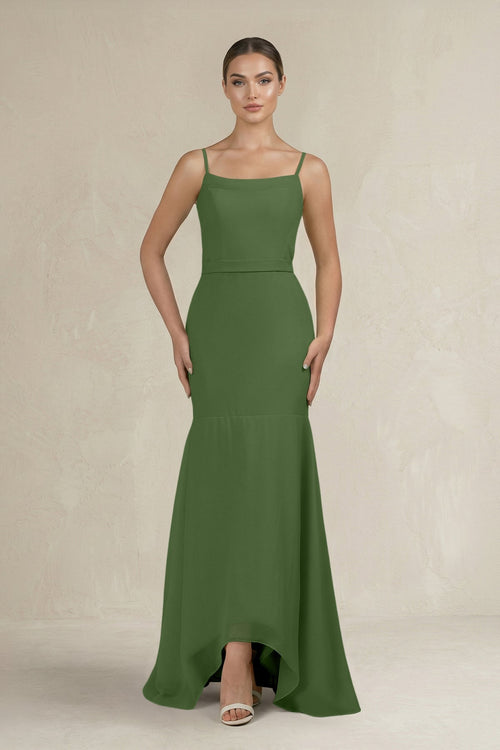 Cami Strap Mermaid Ruffled Chiffon Bridesmaid Dress in Moss - SHE IS ME Bridesmaid Dresses