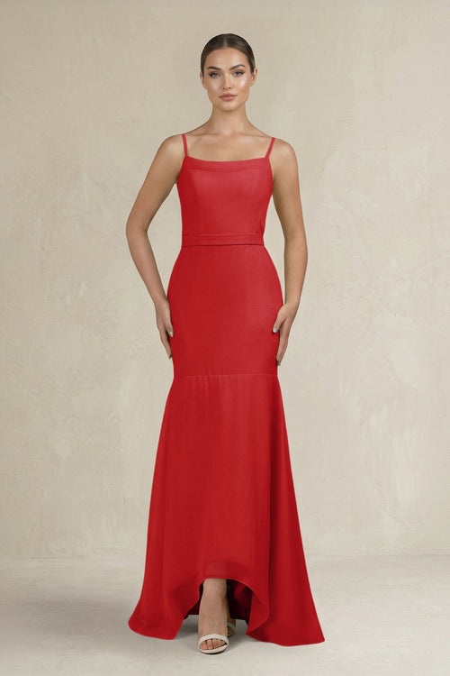 Cami Strap Mermaid Ruffled Chiffon Bridesmaid Dress in Ruby Red - SHE IS ME Bridesmaid Dresses