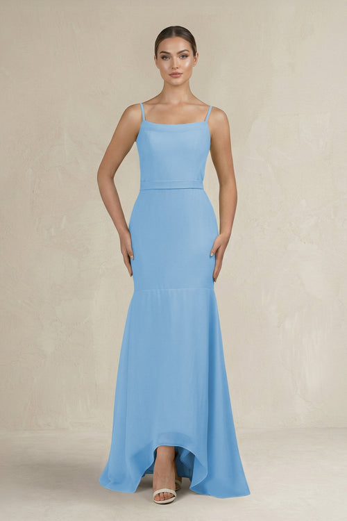 Cami Strap Mermaid Ruffled Chiffon Bridesmaid Dress in Steel Blue - SHE IS ME Bridesmaid Dresses