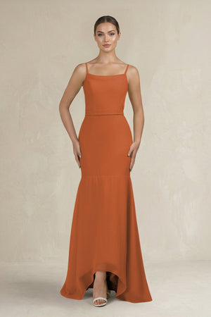 Cami Strap Mermaid Ruffled Chiffon Bridesmaid Dress in Terracotta - SHE IS ME Bridesmaid Dresses