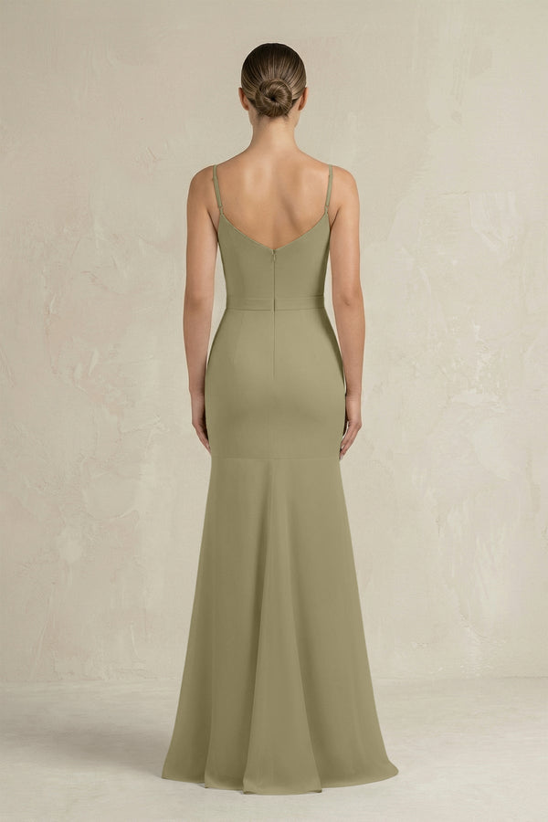 Cami Strap Mermaid Ruffled Chiffon Bridesmaid Dress in Thyme - SHE IS ME Bridesmaid Dresses