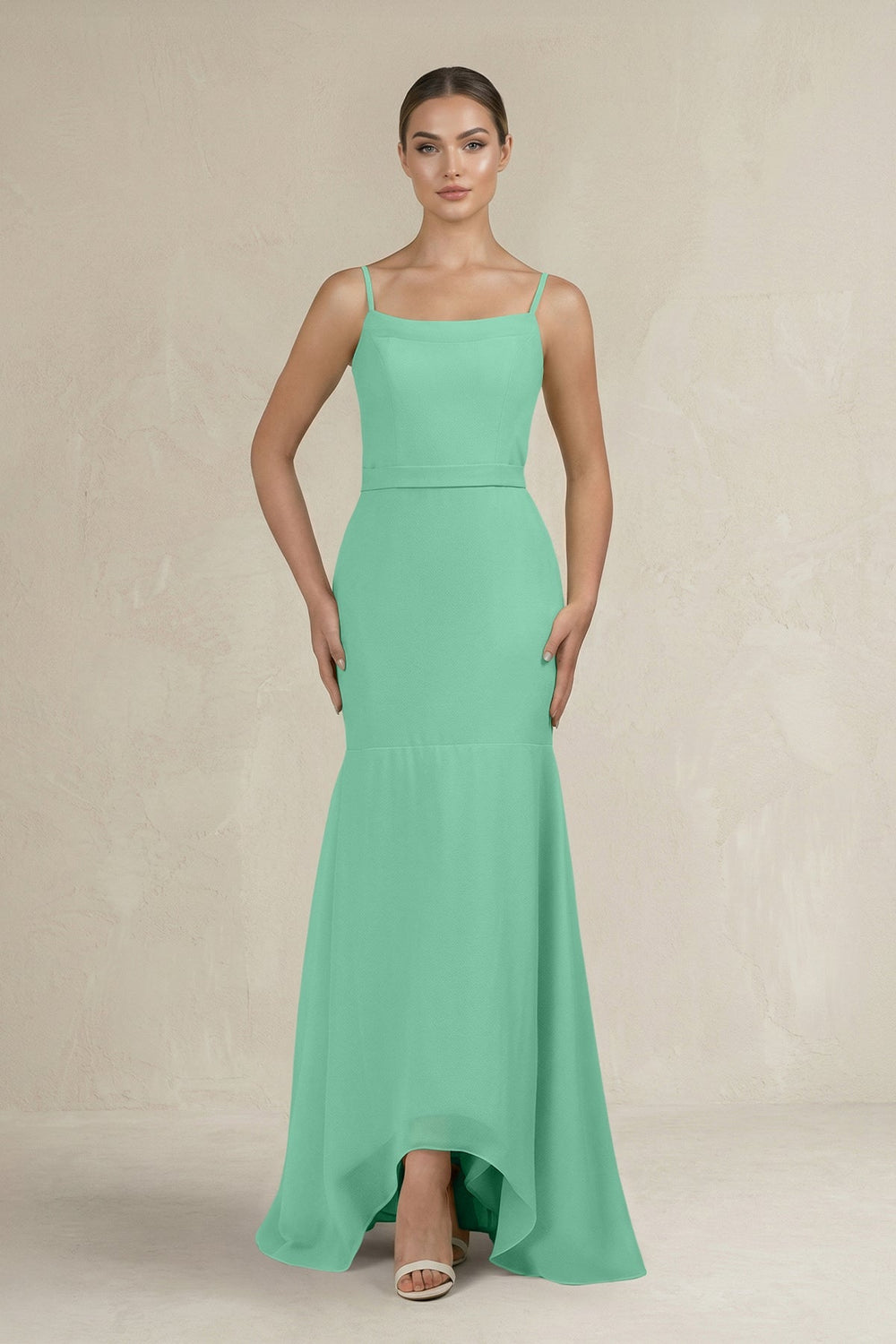 Cami Strap Mermaid Ruffled Chiffon Bridesmaid Dress in Turquoise - SHE IS ME Bridesmaid Dresses