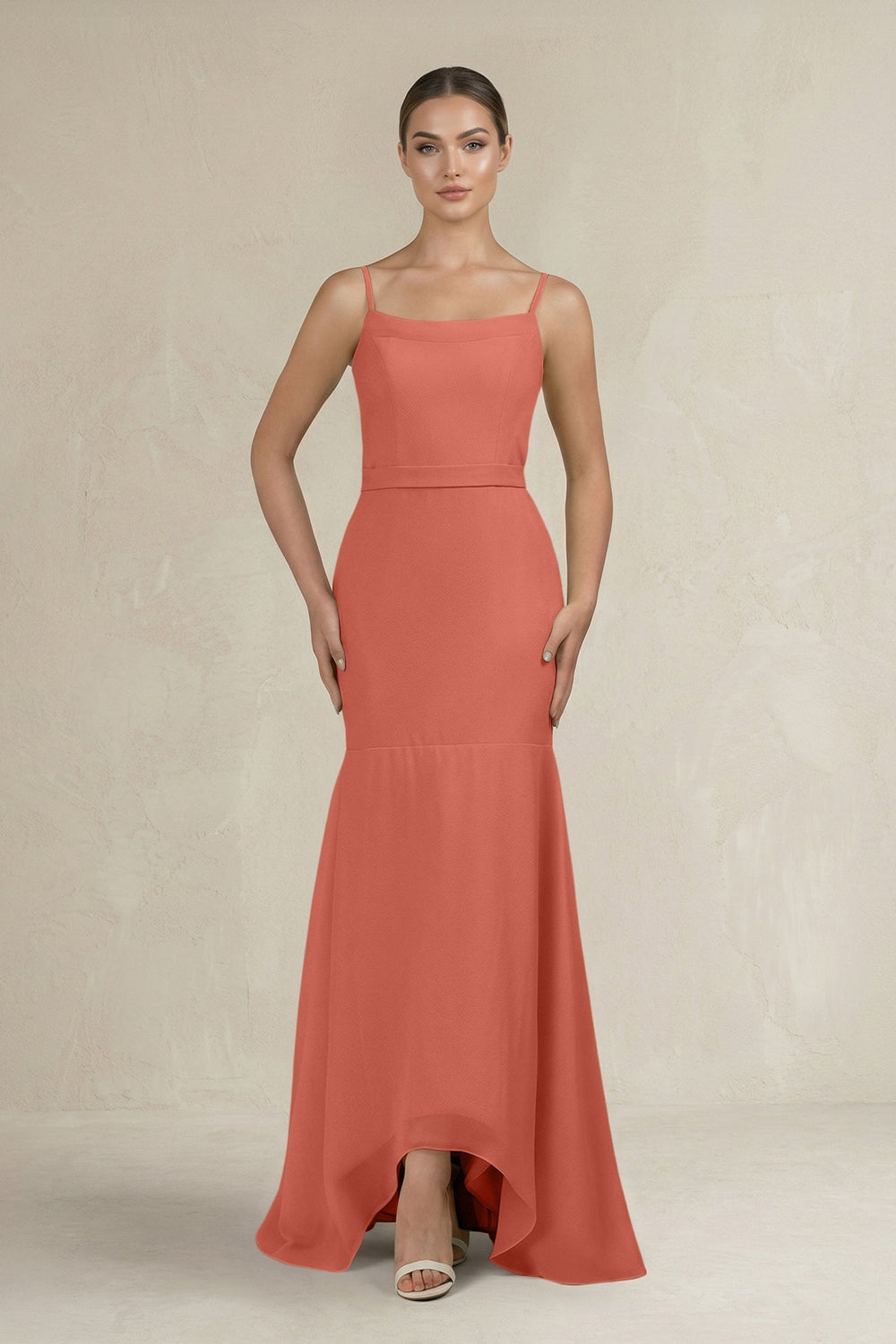 Cami Strap Mermaid Ruffled Chiffon Bridesmaid Dress in Wild Rose - SHE IS ME Bridesmaid Dresses
