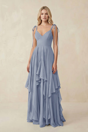 Cami Strap Ruffled A - Line Chiffon Bridesmaid Dress in Twilight - SHE IS ME Bridesmaid Dresses