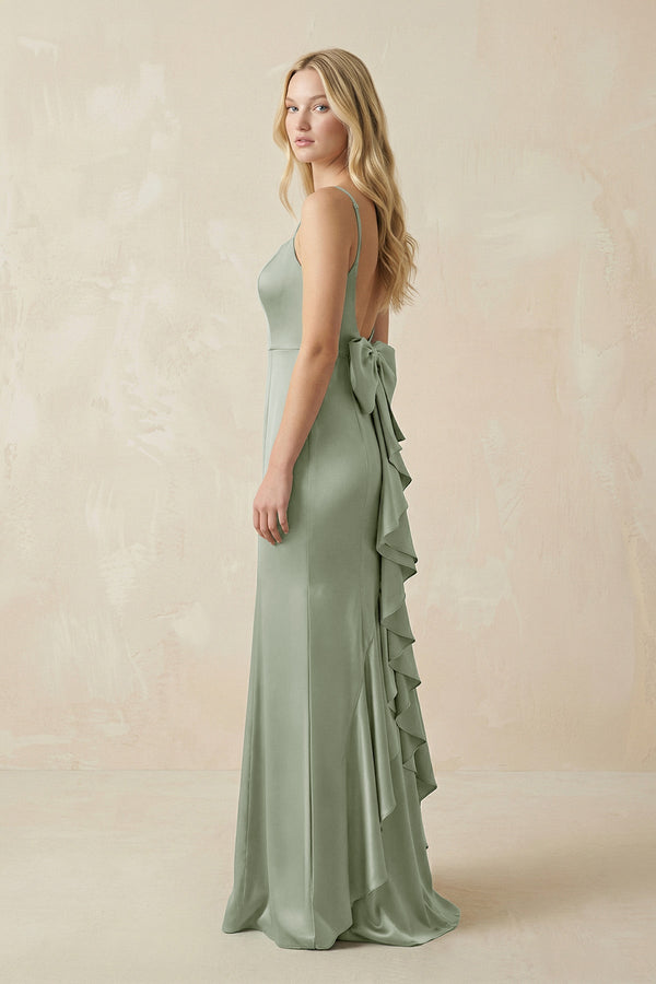 Cami Strap Ruffled Satin Bridesmaid Dress With Bow in Dove Gray - SHE IS ME Bridesmaid Dresses