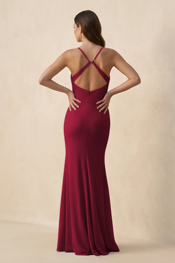 Cami Strap Sheath Chiffon Bridesmaid Dress with Slit in Berry - SHE IS ME Bridesmaid Dresses