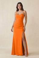 Cami Strap Sheath Chiffon Bridesmaid Dress with Slit in Cinnamon - SHE IS ME Bridesmaid Dresses
