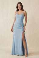 Cami Strap Sheath Chiffon Bridesmaid Dress with Slit in Dusty Blue - SHE IS ME Bridesmaid Dresses
