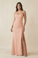 Cami Strap Sheath Chiffon Bridesmaid Dress with Slit in English Rose - SHE IS ME Bridesmaid Dresses