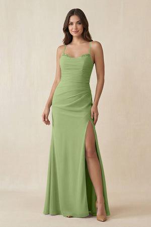 Cami Strap Sheath Chiffon Bridesmaid Dress with Slit in Matcha - SHE IS ME Bridesmaid Dresses