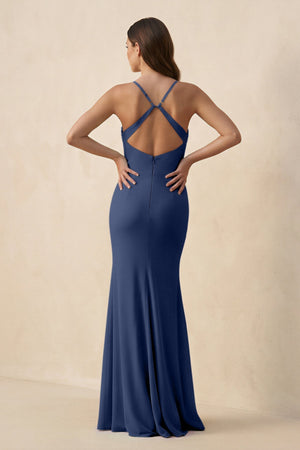Cami Strap Sheath Chiffon Bridesmaid Dress with Slit in Navy - SHE IS ME Bridesmaid Dresses