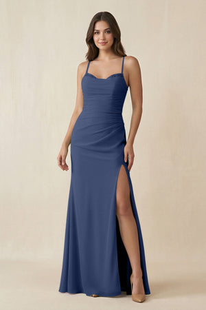 Cami Strap Sheath Chiffon Bridesmaid Dress with Slit in Navy - SHE IS ME Bridesmaid Dresses