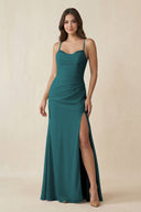 Cami Strap Sheath Chiffon Bridesmaid Dress with Slit in Pine - SHE IS ME Bridesmaid Dresses