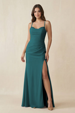 Cami Strap Sheath Chiffon Bridesmaid Dress with Slit in Pine - SHE IS ME Bridesmaid Dresses