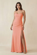 Cami Strap Sheath Chiffon Bridesmaid Dress with Slit in Rosette - SHE IS ME Bridesmaid Dresses