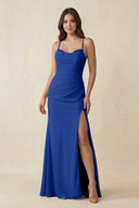 Cami Strap Sheath Chiffon Bridesmaid Dress with Slit in Royal Blue - SHE IS ME Bridesmaid Dresses