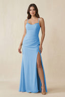 Cami Strap Sheath Chiffon Bridesmaid Dress with Slit in Steel Blue - SHE IS ME Bridesmaid Dresses