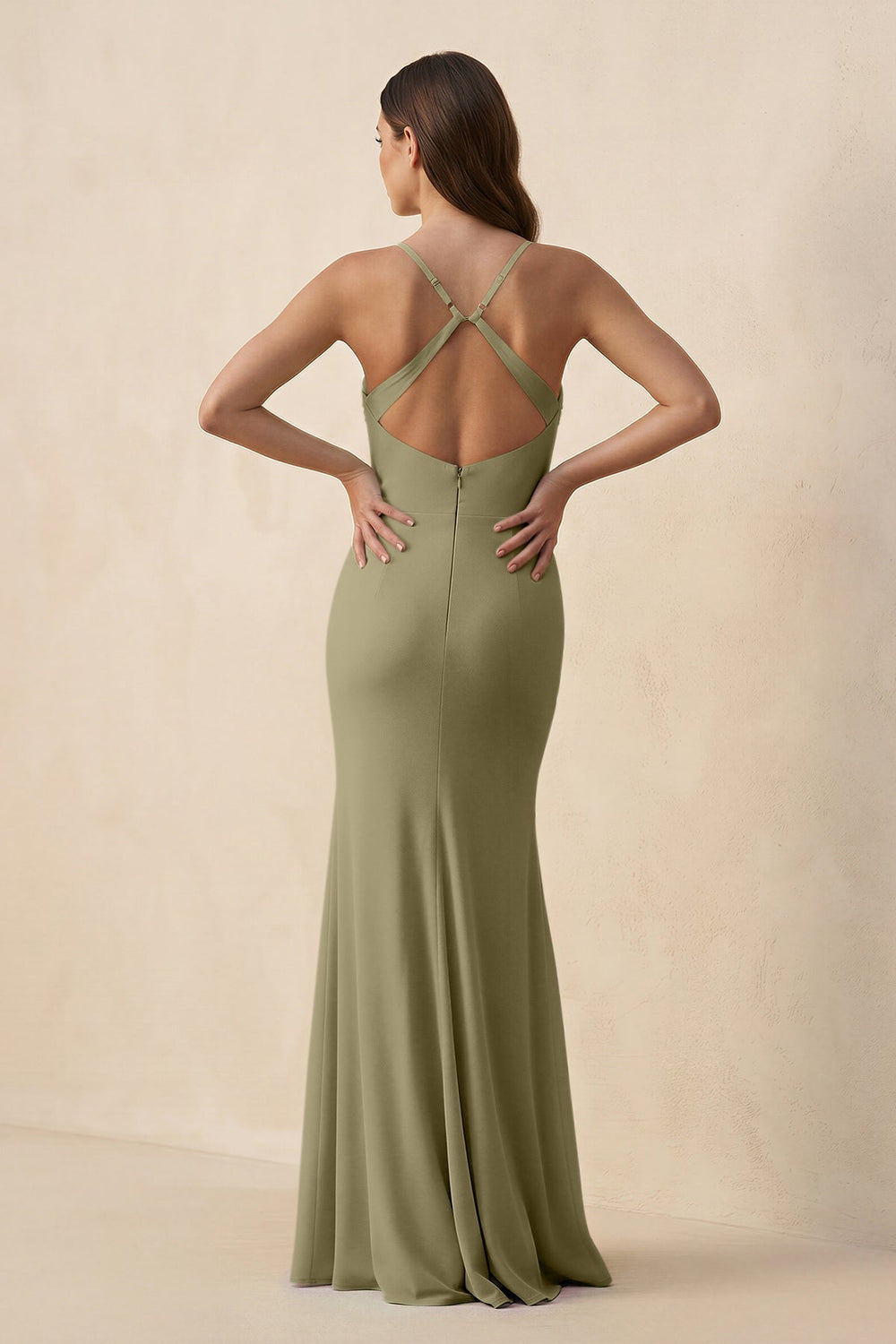 Cami Strap Sheath Chiffon Bridesmaid Dress with Slit in Thyme - SHE IS ME Bridesmaid Dresses