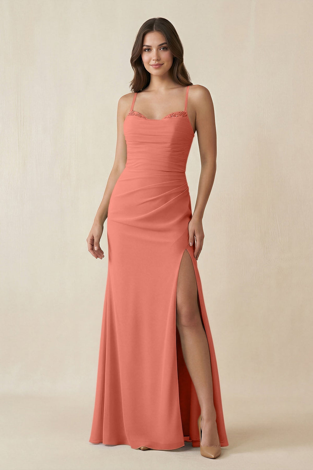Cami Strap Sheath Chiffon Bridesmaid Dress with Slit in Wild Rose - SHE IS ME Bridesmaid Dresses