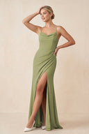 Cami Strap Sheath Ruched Bridesmaid Dress With Slit - SHE IS ME Bridesmaid Dresses