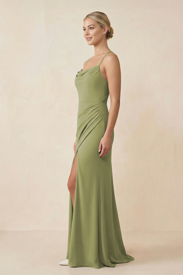 Cami Strap Sheath Ruched Bridesmaid Dress With Slit - SHE IS ME Bridesmaid Dresses