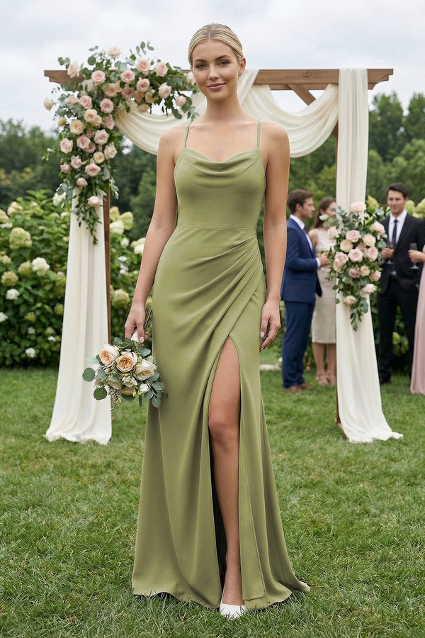 Cami Strap Sheath Ruched Bridesmaid Dress With Slit - SHE IS ME Bridesmaid Dresses